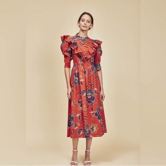 HUNTER BELL Dresses & Skirts - Hunter Bell Audrey Bib Puff Sleeve 100% Cotton Midi Dress, Size 6, EUC